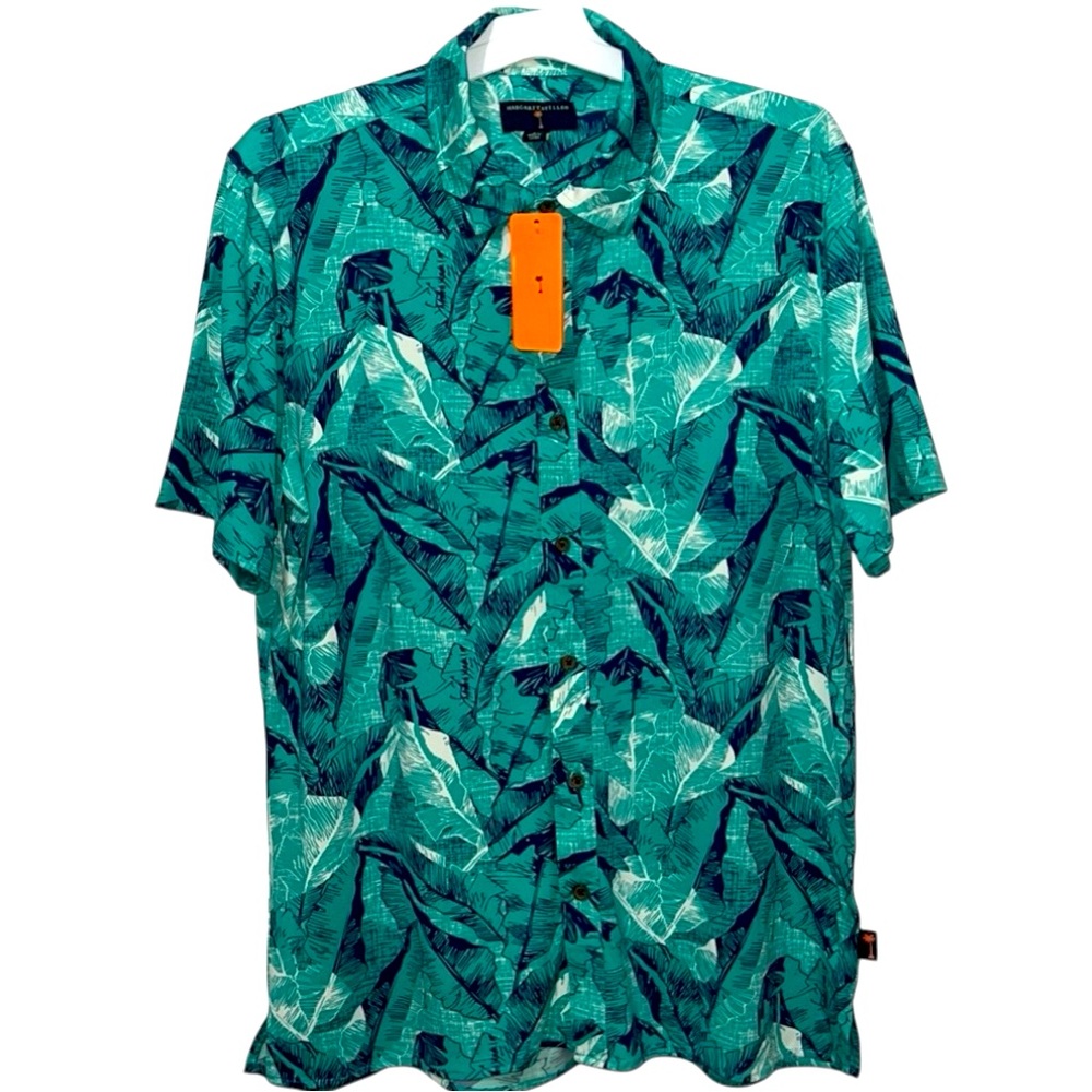 Margaritaville Green Turquoise Casual Button Down Shirt Tropical Leaf Print